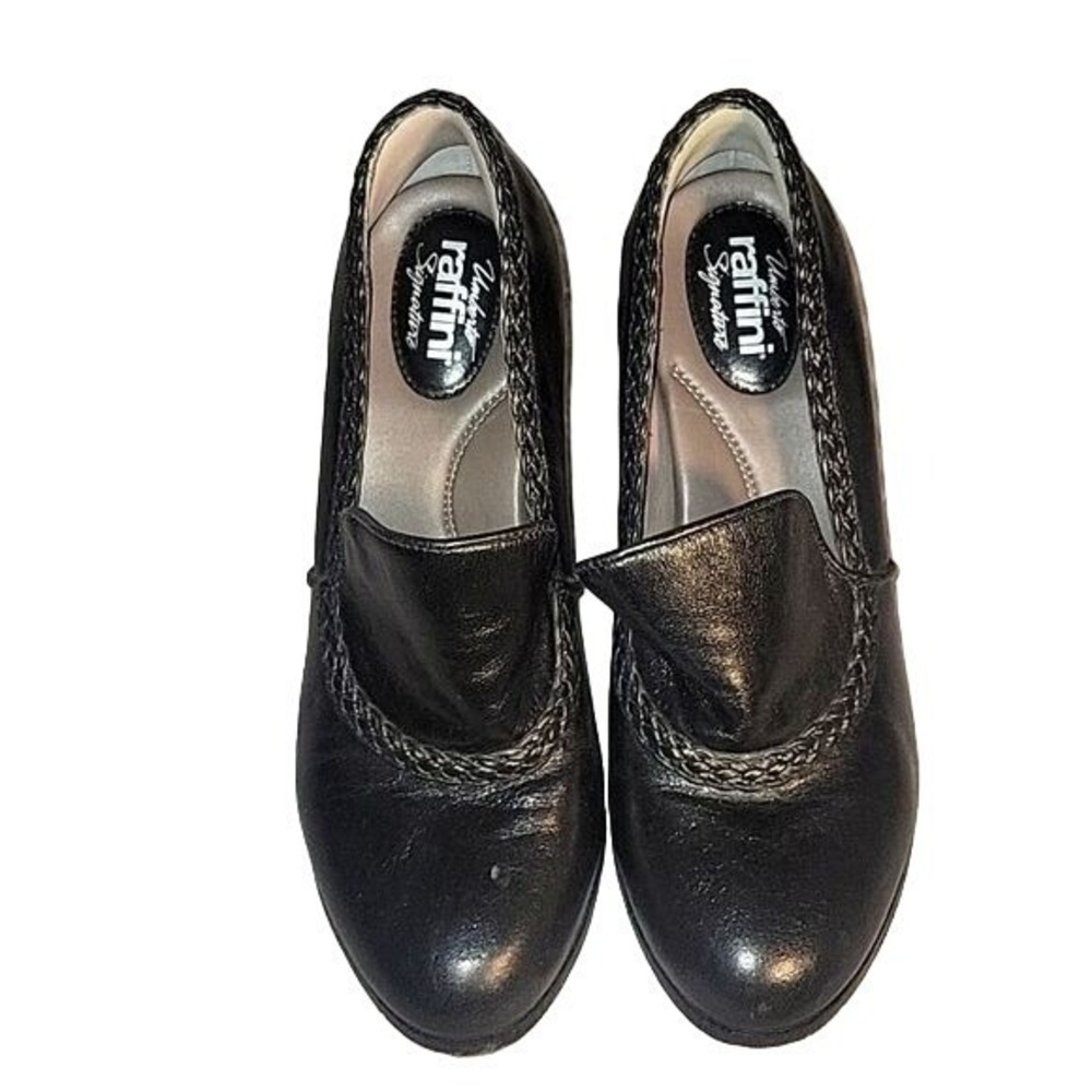 Umberto Raffini Signature Black Leather Braided‎ Heeled Loafers Pumps Size 8
